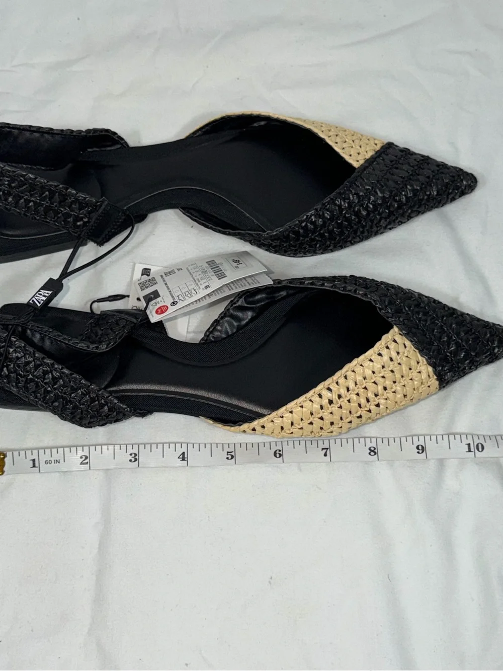 Zara Woven Raffia Slingback Flats NWT Black Beige Pointed Toe Flat Sandal 39 8 - Picture 7 of 7